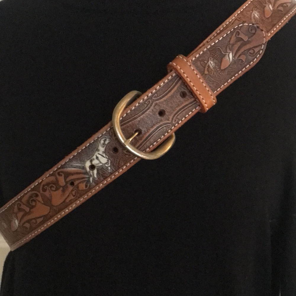 Hunting Dog & Quail Birds Tooled Brown Leather Belt Inlay Design Size 40